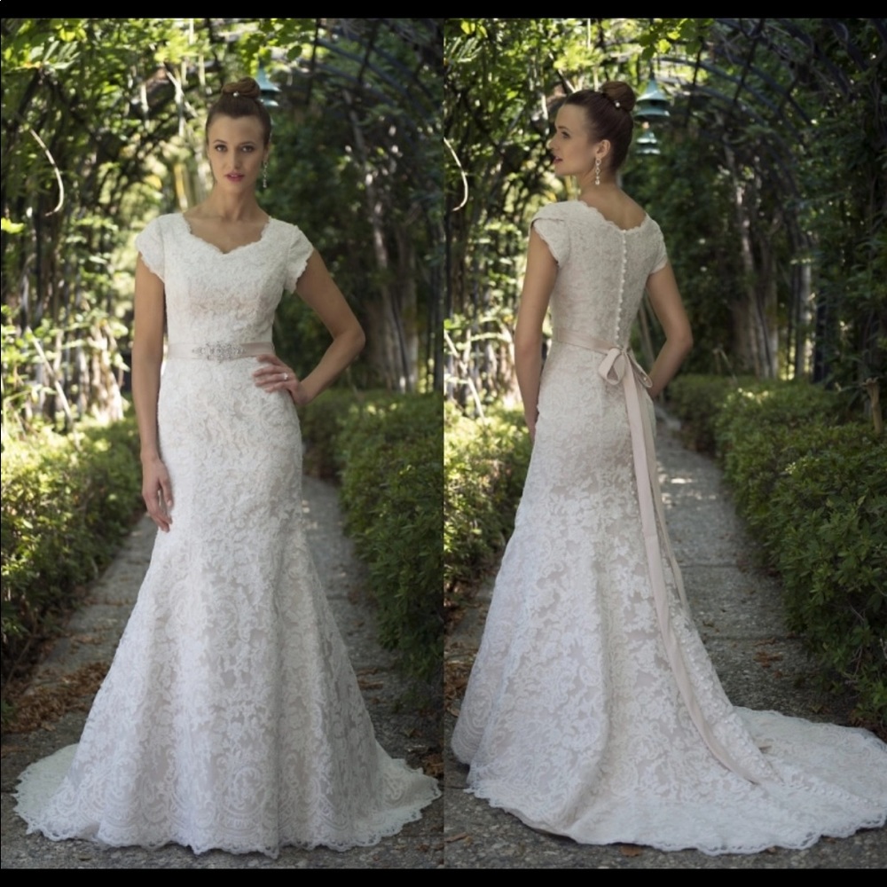 Custom made Modest Wedding Dress lace beaded belt